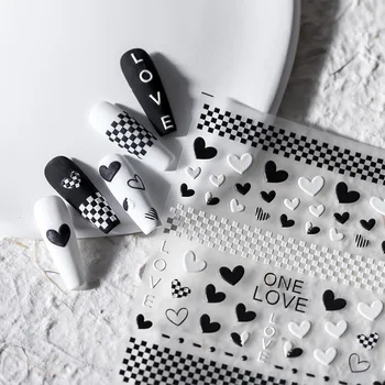 Črno Srce Nohte, Nalepke, 3D Relief Črno-bele Šahovnice Nalepke za Nohte Nail Art Okraski Oblikovanje Nohtov Manikira Dodatki