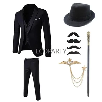 1920 Gatsby Nastavite Klobuk Moške Obleko Telovnik Hlače Udejstvovanje Stranka Obleko z Dolgimi Rokavi Slim Fit, primerna za Moške s Pripomočki Šest Kos