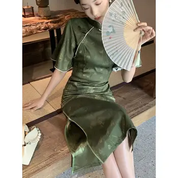 2023 Poletje Novo Zeleno Cheongsam Obleka Ženske Tradicionalno Sredi Dolge Obleke, Slim Letnik Cvetlični Izboljšano Qipao S Do XXL