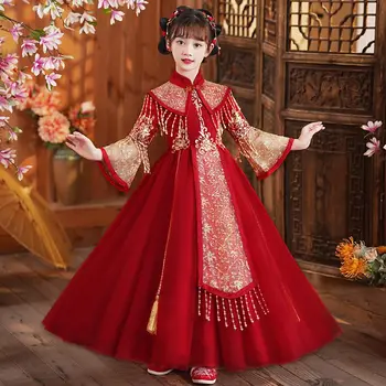 Rdeča Hanfu Kitajski Slog Tradicionalnih Plus Pasja Zima Tang Obleko z Visoko Vratu Okrašena Vezenje za Dekleta, Obleko