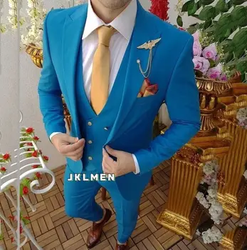 Homme Kostum za Moške Modre Obleke Dosegla vrhunec River Poslovnih Poroko Tuxedos Terno Moško Slim Fit Ženina Prom Stranka Jopič 3 Kosov