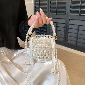 Novo Modno Elegantna Luksuzni Pearl Ramenski Žensk Vrečko Visoko Kakovostni Handwoven Vsestranski Mini Šminka Crossbody Torbice za Ženske