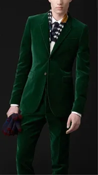 Prilagojene Žamet Temno Zelena Moške Obleke Slim Fit Formalno 2 Kos Jopič Ženina Prom Oblačenja Jopičem Moški Plašč Jakna+Hlače Masculino