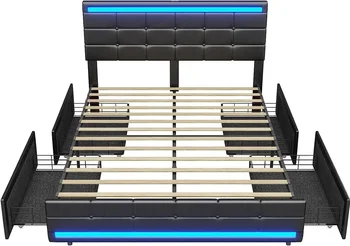 Queen Postelja Okvir s 4 Predali PU Usnje Platformo LED Luči Vzglavja Footboard