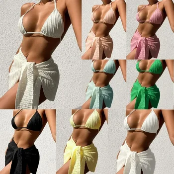 Kopalke za Ženske Novo 2023 Tri-delni Set Seksi Visi Vratu Neto Gaza Krilo Bikini Split Kopalke