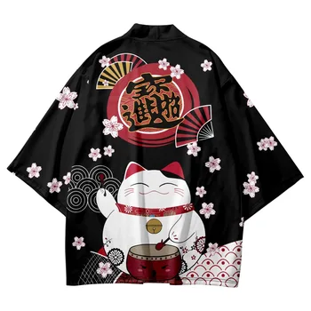 Moda Na Plaži Yukata Japonski Strip Lucky Mačka Jopico Kimono 2023 Ženske Moški Harajuku Sakura Fan Tiskanja Haori Cosplay Majice