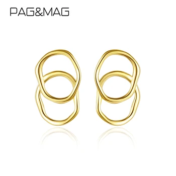 PAG&MAG Preprost 925 Srebro Stud Uhani 14k Zlato Minimalističen Dvojni Krog Modnih korejski Poletje Drobne Dekle Ušesu Zvoni Brezplačna Dostava