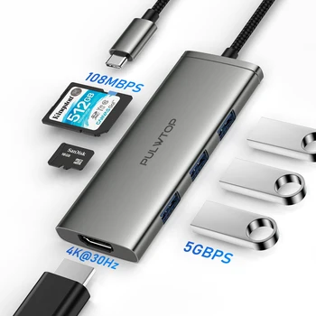 PULWTOP 6 v 1 USB C Središče za MacBook Pro/Zrak, priključek za Razširitveno Postajo s 4K HDMI 3*USB 3.0 SD/TF, USB Razdelilnik za Tip C Naprav