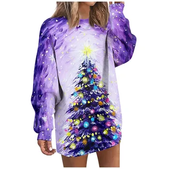 Crewneck Majica Mini Obleke Za Ženske Udobno Božično Drevo Tiskanja Gradient Obleka Ženska Oblačila Z Dolgimi Rokavi