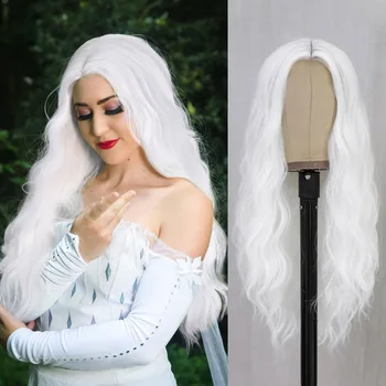 Ženske bele dolge kodraste in valovite lasuljo srednji del sintetičnih lasuljo belo lasuljo za vsakdanje Halloween igra vlog cospaly