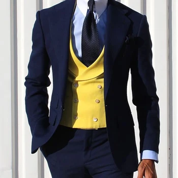 Slim Fit Priložnostne Moške Obleke z Rumeno Waistcoat Mornarsko Modre Hlače 3 Kos Poroko Jopičem za Gromsmen Moški Modni Suknjič 2023