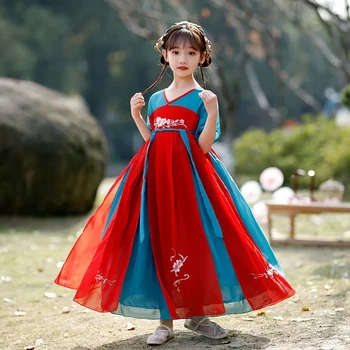 Hanfu Dekleta Obleko Kitajski Slog Otrok Šifon Kratek Rokav Obleka za Poletje Dekleta Starodavno Obleko Baby Obleko Najstniška Dekleta, Obleko