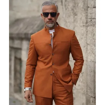 2023 Nov Modni Poroko Oranžna Stojalo Ovratnik Obleke, Za Moške Business Casual Formalno Kostum Homme Slim Fit 2 Kos Komplet Jakna In Hlače