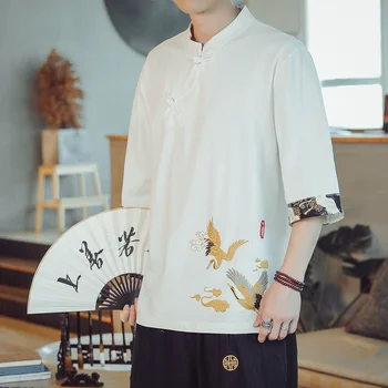 Kitajski Slog Tai Chi Kung Fu Moške Kratke Sleevet Retro Žerjav Vezenje Qipao Vrhovi Zen Čaj Tang Bo Ustrezala Priložnostne Majice Bluzo