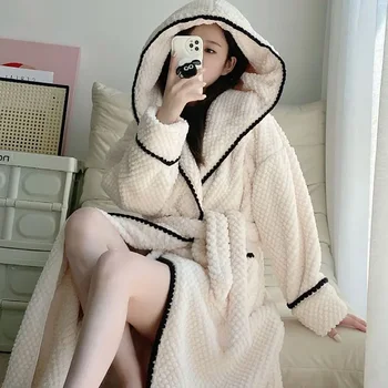 2024 Novo Hooded Robe za Ženske Pasu Moda Nightdress Zimski Noči Nosi Pajama Nightgown Dolg Rokav Toplo, Prijetno Svoboden Homewear