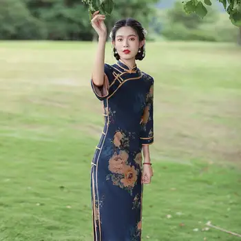 Kitajski Tradicionalni Retro Cheongsams Za Ženske Elegantne Sredi Obleko Qipao Dnevno Jeseni Dekleta Retro Qipao Bodycon