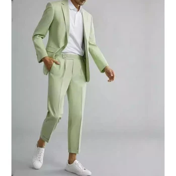 Moške Socialna Obleka za Moške Poročne Ženina Poročna Obleka Sveže Zelene Eleganten Človek Obleke Dihanje Poleti Perilo Materiala Moški